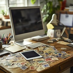 A cluttered desk with a computer monitor, keyboard, and a tablet