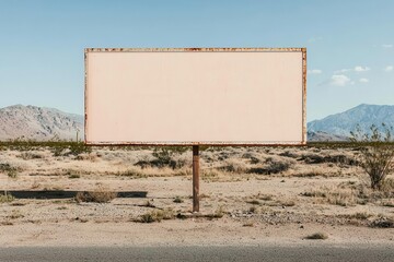 Blank billboard in a desert landscape under a clear blue sky.