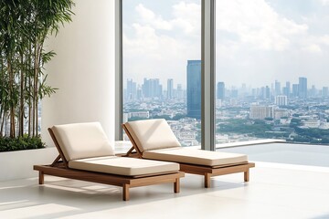 Two wooden sun loungers with beige cushions, set against a large window overlooking the city