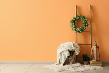 Sticker - Interior of living room with Christmas wreath, ladder and lantern