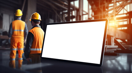 Two construction workers in hard hats and safety vests examining blueprints together in a large industrial warehouse or factory setting  Concept of engineering infrastructure development and teamwork