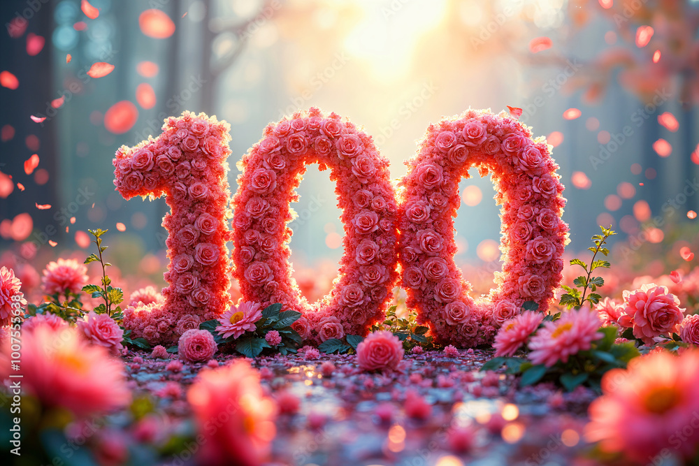 Number 100th 100th birthday card. Large number 100 made of pink flowers, with the ...