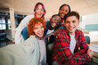 © Jose Calsina - Happy group of diverse students taking a selfie together, capturing a moment of friendship, teamwork, and fun. Young people. Perfect for education, youth, social media, and group activities concepts.