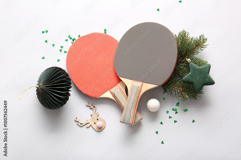 Composition with ping-pong rackets, ball and Christmas decorations on grey background