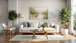 © Multika - minimalist living room with a cozy white sofa, wooden side table, and neutral decor