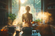 © jr-art - A woman is cooking in a kitchen with steam coming out of the stove