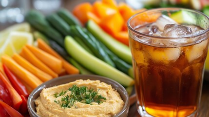 A vibrant array of fresh vegetables and hummus served with a refreshing iced tea on a wooden table