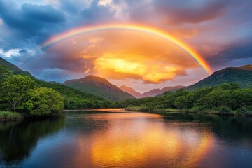 Wall Mural - Vibrant rainbow arching over tranquil river amidst lush trees and majestic mountains at sunset