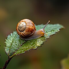 Snail Crawling on Green Leaf with Water Droplets Macro