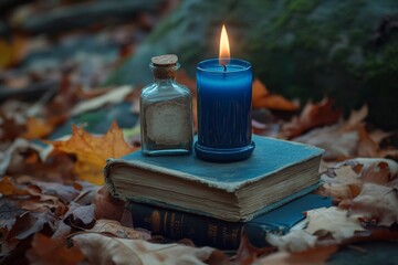 Mystical outdoor setting with ancient books, glowing blue candle, and potion bottle in leaves