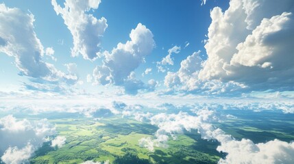 A wide aerial view of a green landscape covered by fluffy white clouds and a bright blue sky.