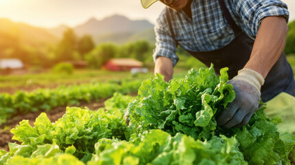 Harvesting fresh lettuce in organic farm, farmer carefully gathers vibrant greens under warm sunlight, showcasing beauty of sustainable agriculture