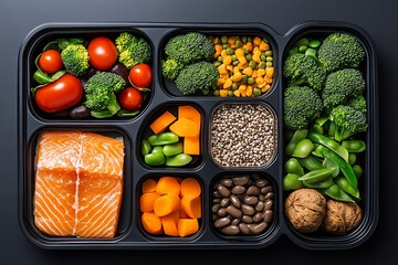 Aufkleber - Minimalist design of a weekly meal prep plan, showing clean, simple containers filled with portions of food groups for a healthy eating plan.