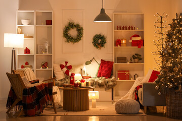 Sticker - Interior of dark living room with glowing lamps, Christmas tree and sofa