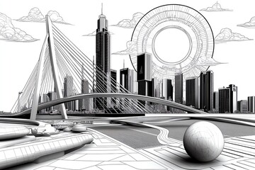 Aufkleber - Minimalist design of urban infrastructure, with simple lines representing roads, bridges, and buildings interconnected in a clean, geometric layout.