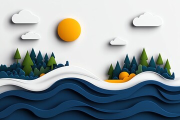 Aufkleber - Minimalist ocean and nature scene, with abstract shapes representing waves and a forested coastline in a clean, simple design.