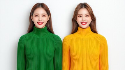 Two Smiling Asian Women in Green and Yellow Sweaters Against White Background