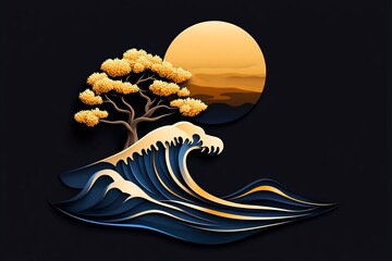 Poster - Minimalist ocean wave and tree icon, using abstract shapes to represent the balance between ocean and nature in a clean, modern design.