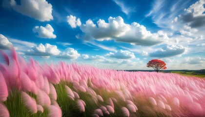 Poster - Vibrant pink grass dances beneath a radiant blue sky, embodying freedom and resilience in the enchanting beauty of natures spring and summer transformation