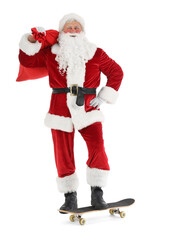 Canvas Print - Santa Claus with bag and skateboard isolated on white background