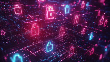 animated neon lock icons glowing in cyberspace - abstract security and data protection concept