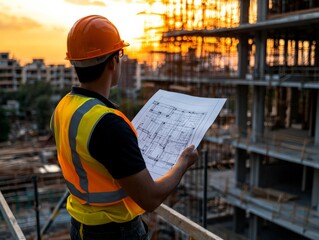 A structural engineer inspecting construction blueprints, standing on a construction site with building frameworks in the background