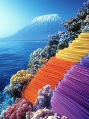 Sticker - Mesmerizing Underwater Coral Reef With Vibrant Orange and Purple Sea Fans, Snow-Capped Mountain in Background, Crystal Clear Waters