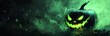 © Margarita Ratatosk - Scary Halloween pumpkin with evil smiling face on dark background with smoke and green neon light. Spooky Jack o Lantern for autumn holidays. Creepy concept for design greeting card, banner, poster