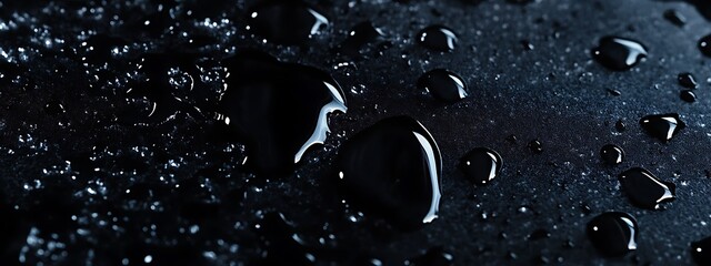  Water drops on a black background. Glass texture with droplets. Surface wet with dew. Abstract wallpaper in bubbles. 