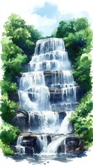 Sticker - Stunning Multi-Tier Waterfall Surrounded by Lush Greenery in Serene Natural Landscape with Cascading Water and Tranquil Ambiance