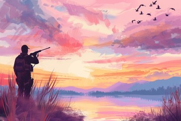 Silhouette Hunter Shooting Flying Mallard Ducks in Reed Bog - Wildlife Duck Hunting Vector Illustration for Logo Design