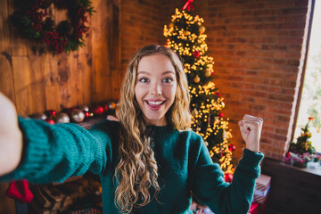 Poster - Photo of attractive teen girl selfie photo winning dressed green christmas outfit cozy day light home party decoration interior living room