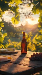 Wine Bottle, Grapes, and Cheese on Wooden Table at Sunset.