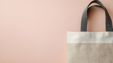 A stylish canvas shopping bag with a trendy design, resting on a light solid color surface, with ample copy space