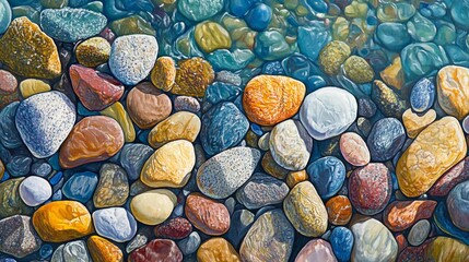 A close-up view of colorful smooth river rocks covered in shallow clear water, with dappled sunlight.