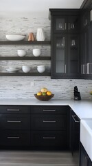 A contemporary kitchen with a blend of dark and light cabinetry, showcasing a stylish backsplash and open shelving for decor