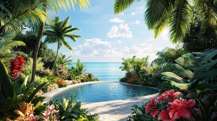 Wall Mural - Tropical Paradise with Pool and Lush Vegetation