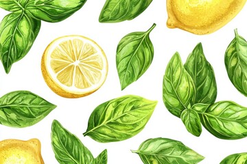 Sticker - A vibrant illustration of basil leaves and lemon, with clear outlines against a white background