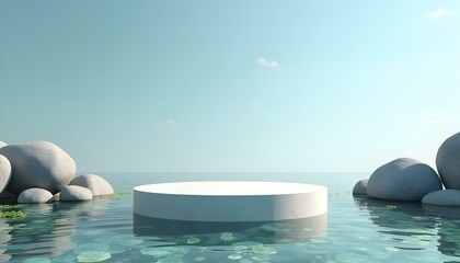 Serene natural podium display on clear water with smooth, large grey rocks surrounding it; the pedestal is made of polished white stone, reflecting the blue sky above; some green aquatic plants are vi