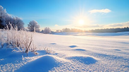 A serene winter landscape featuring a snow-covered field under a clear blue sky with soft sunlight illuminating the scene