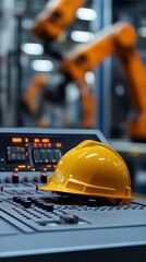 Safety Helmet on Control Panel in Industrial Factory Setting.