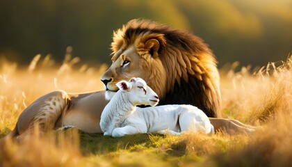 Wall Mural - Harmony in Nature: A Lion and Lamb Resting Peacefully in Sunlit Fields