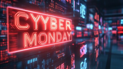 Neon Cyber Monday Sign on Digital Wall