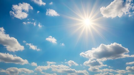 a bright sun shining in a clear blue sky with soft white clouds drifting by, creating a peaceful atm