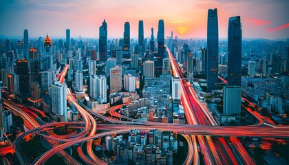 Wall Mural - Vibrant city skyline at sunset with glowing buildings and bokeh lights, embodying the spirit and energy of urban life