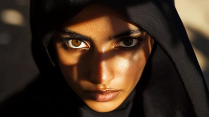 Poster - Close-up Portrait of a Woman Wearing a Black Hijab, Lit by Sunlight