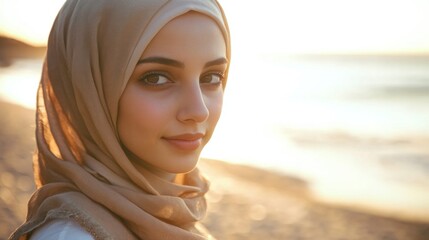 Poster - Close-up Portrait of a Woman Wearing a Beige Hijab