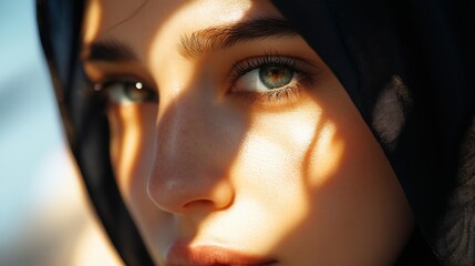 Poster - Close-up Portrait of a Woman with Green Eyes and Sunlight on Her Face