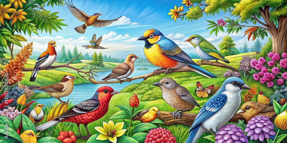 Detailed Bird Coloring Sheet for Kids and Adults Featuring Various Bird ...