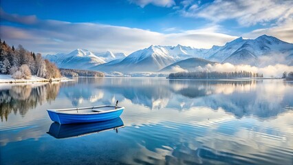 Naklejka na meble A solitary blue boat rests on the glassy surface of a tranquil lake, its reflection mirroring the snow-capped peaks of the surrounding mountains, creating a serene and ethereal winter landscape.